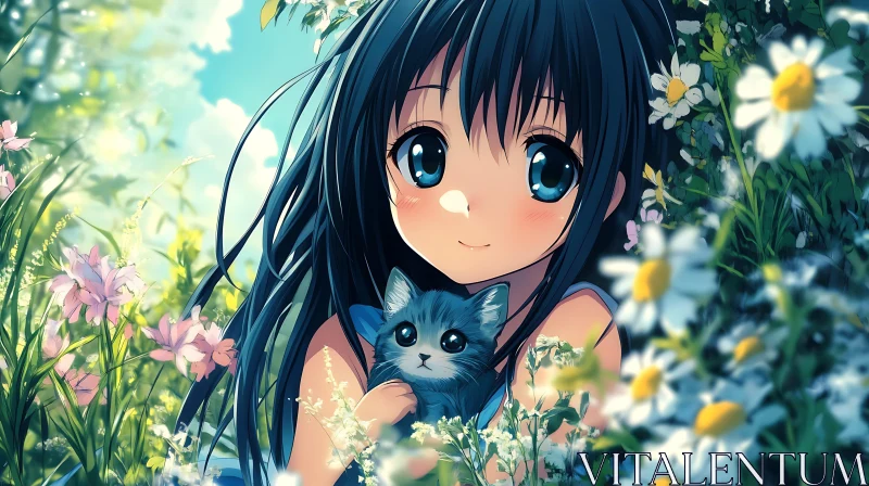 AI ART Cute Anime Girl Holding Kitten Among Flowers