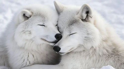 Two White Wolves Cuddling Peacefully