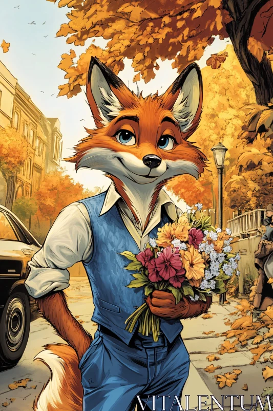 AI ART Fox Holding Flowers in a Fall Scenery