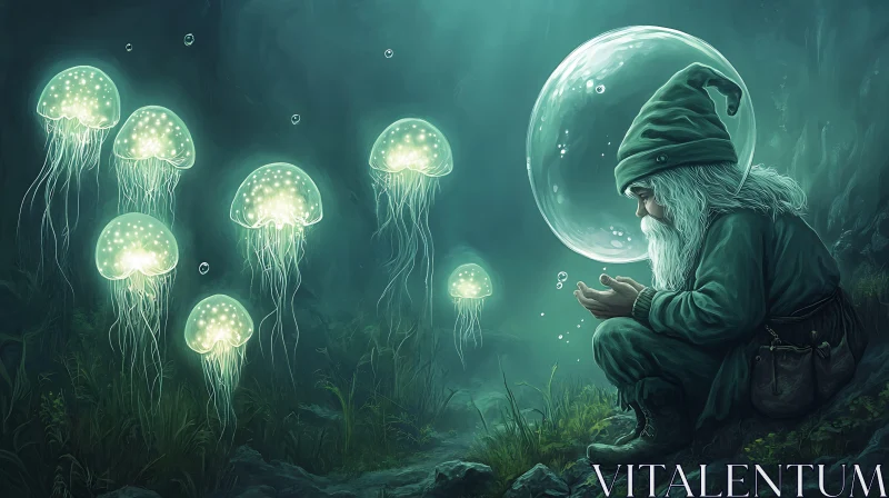 AI ART Underwater Gnome with Glowing Jellyfish