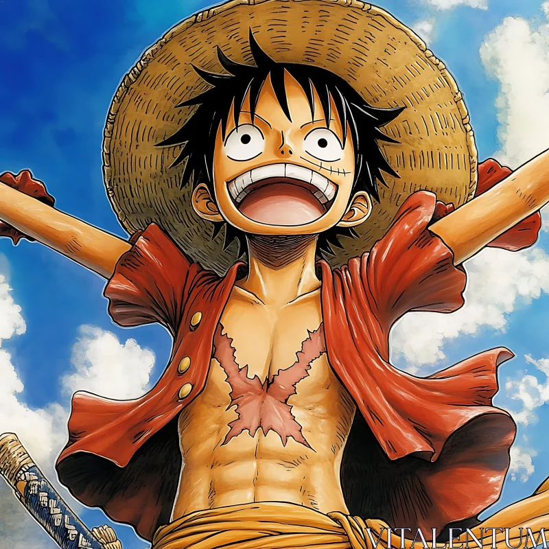 Happy Anime Hero with Straw Hat AI Image