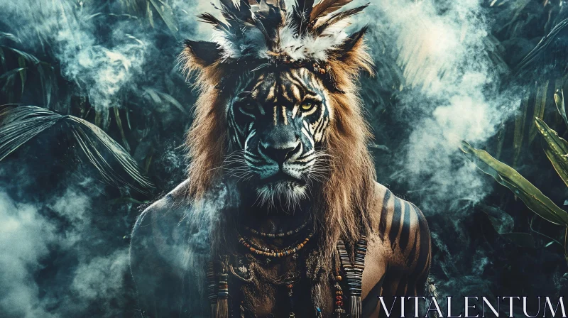 Tribal Lion-Tiger Fusion: A Wild Portrait AI Image