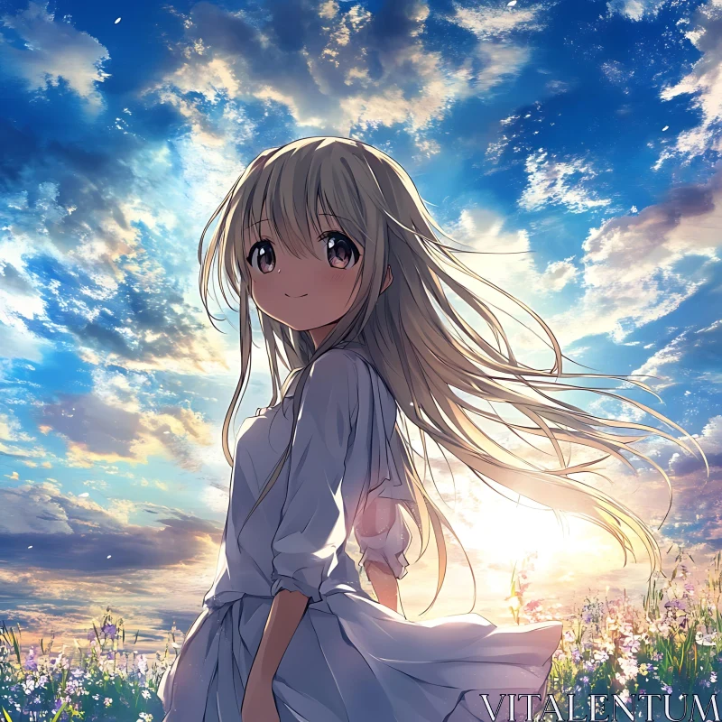 Peaceful Anime Girl Under a Stunning Sky AI Image