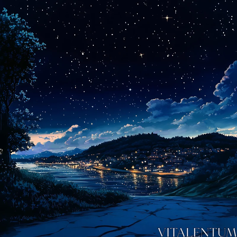 Village Lights Under Starry Night AI Image