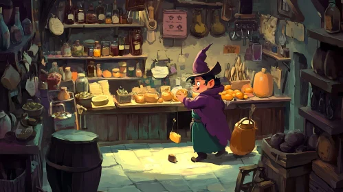 Young Witch in a Magical Potion Shop