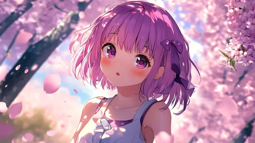 Pink-Haired Anime Girl with Sakura Blossoms Background