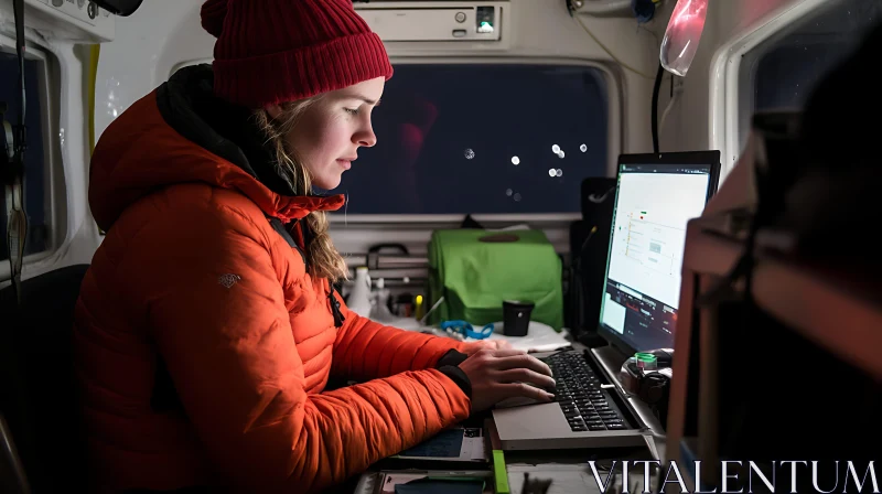 Woman in Red Hat Using Laptop AI Image