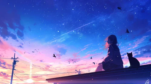 Anime Rooftop Scene with Girl, Cat, and Birds