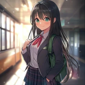 Sunlit School Hallway Anime Girl