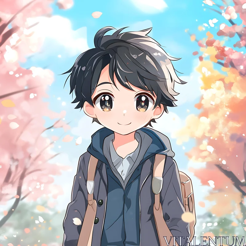 Anime Boy with Blossoms AI Image