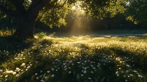 Peaceful Morning in a Sunlit Flower Meadow