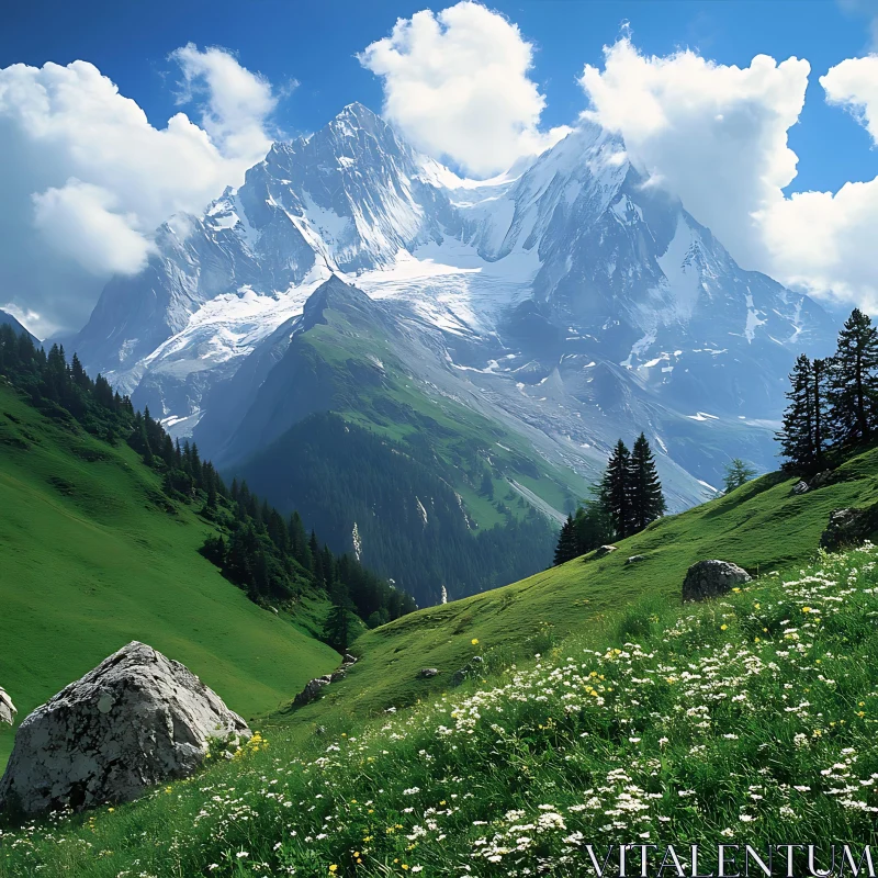 AI ART Snowy Mountain Peaks and Green Valley