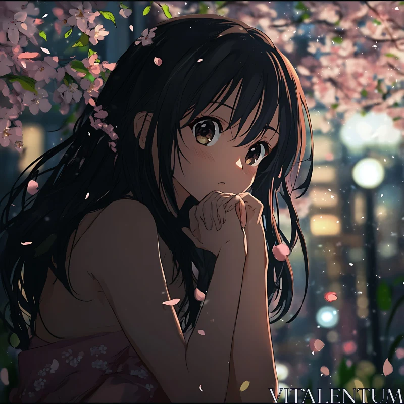 Nighttime Anime Girl with Blossoms AI Image