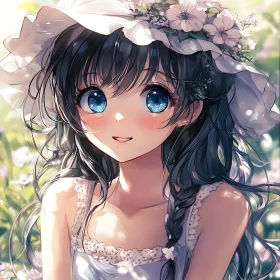 Lovely Anime Girl in Sunlit Meadow