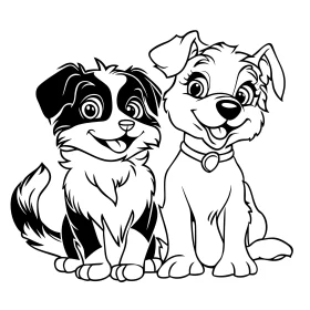 Adorable Cartoon Dogs Black-and-White Drawing