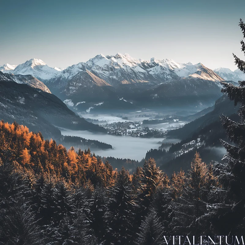 AI ART Alpine Vista: Mountains and Mist