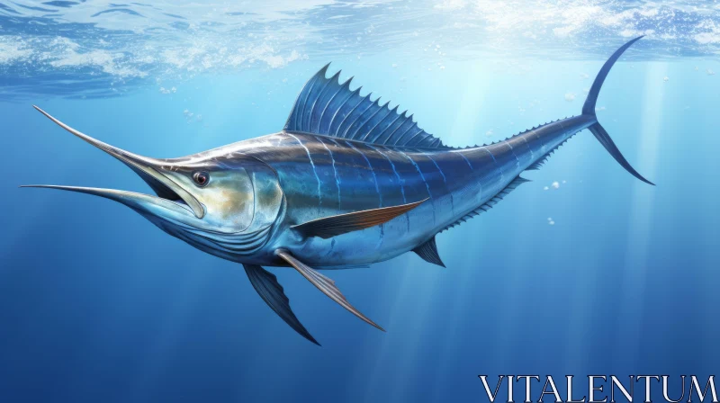 Graceful Blue Marlin in Ocean Depths: Realistic Light Reflection AI Image