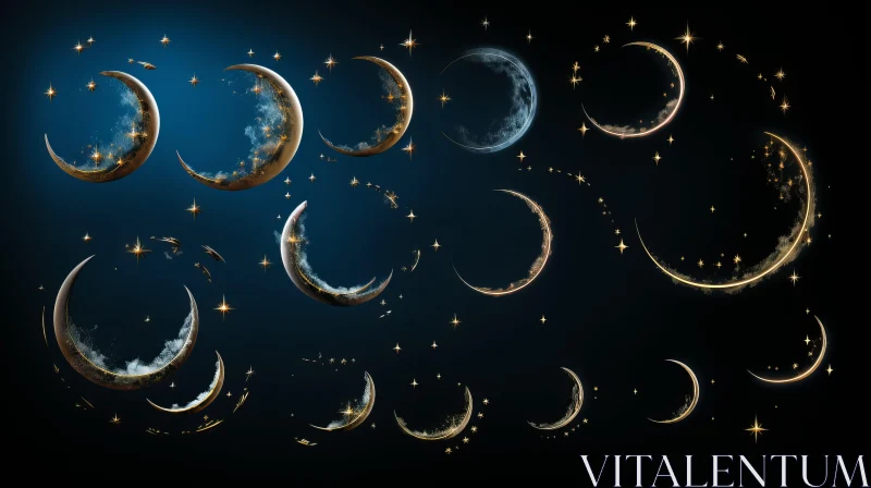 Surreal Depiction of Golden Moon Phases and Stars AI Image
