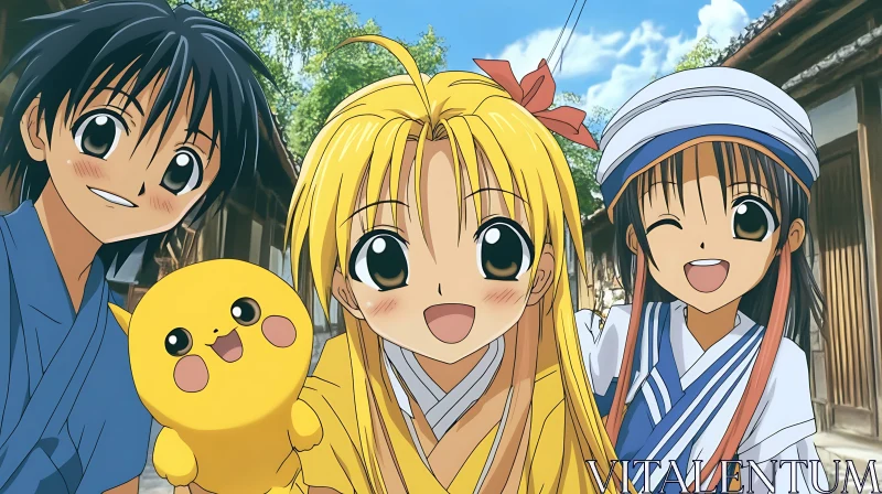 Three Anime Characters with Plush Outdoors AI Image