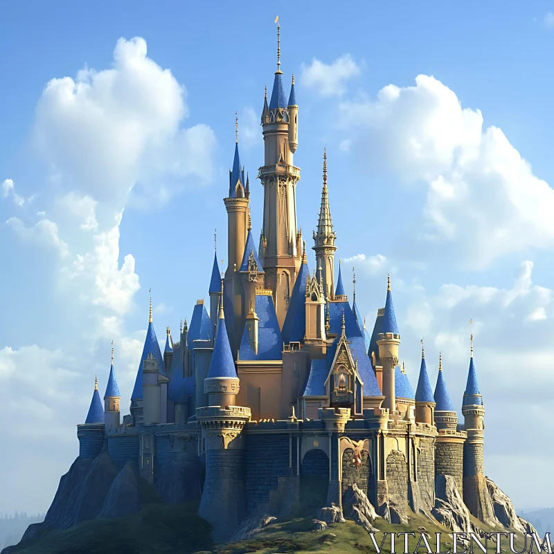 Enchanting Castle with Turrets Under Blue Sky AI Image