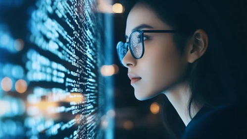 Woman Analyzing Code on Digital Display