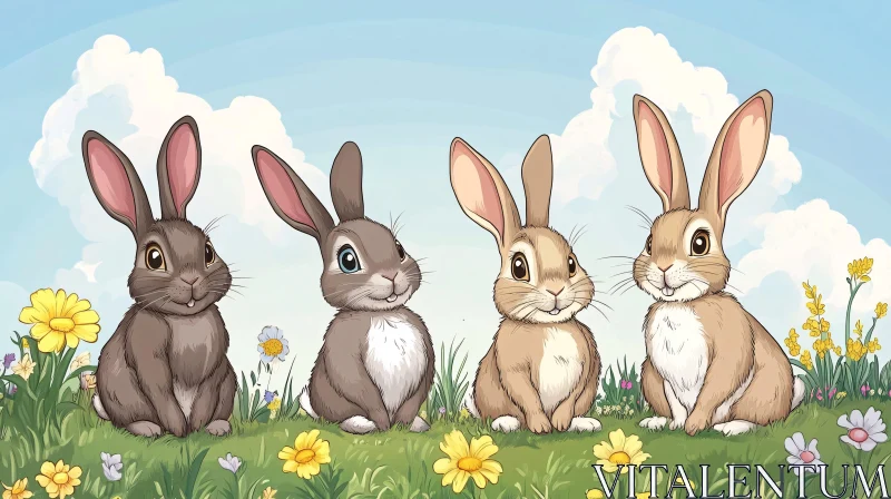 AI ART Four Rabbits in a Flower Field