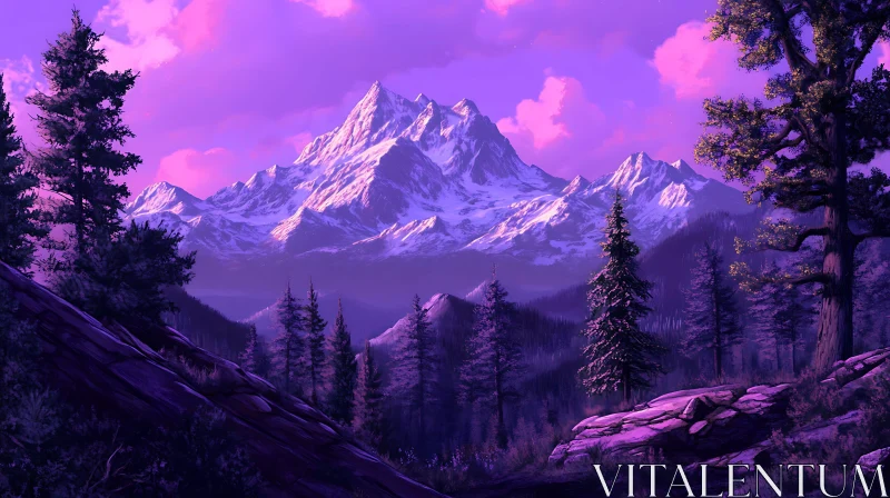 Snowy Peaks Under Purple Skies AI Image