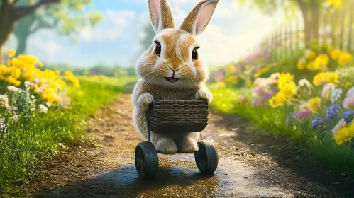 Whimsical Rabbit with Cart in Flower Garden