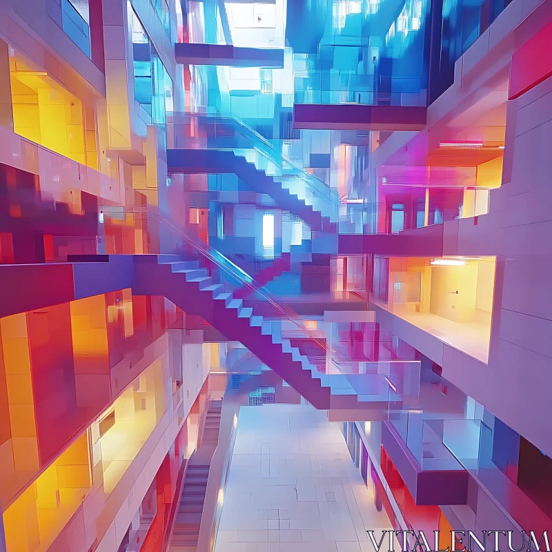 Colorful Geometric Interior with Intersecting Stairs AI Image