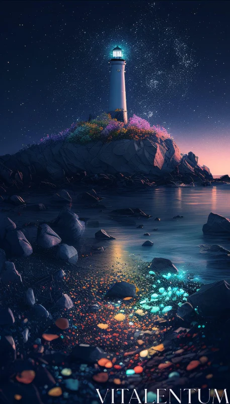 Lighthouse at Night Under Starry Sky AI Image