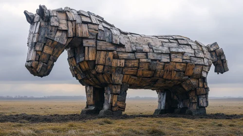 Imposing Wooden Horse Art in Open Landscape