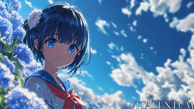 Serene Anime Girl with Blue Flowers AI Image