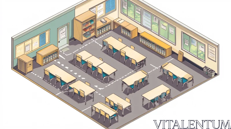 Symmetric Classroom Arrangement with Wooden Furniture AI Image