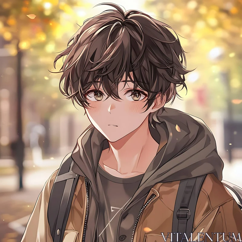 Thoughtful Anime Boy Surrounded by Autumn Colors AI Image