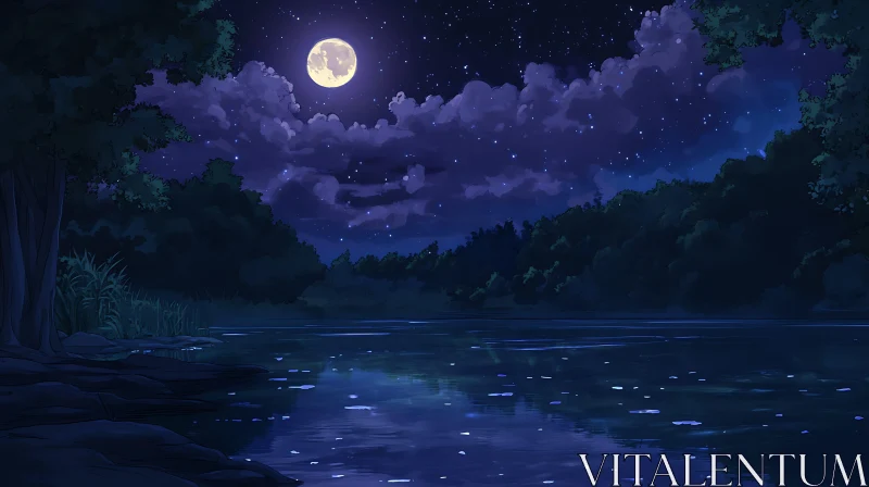 Serene Moonlit Night by Tranquil Lake AI Image