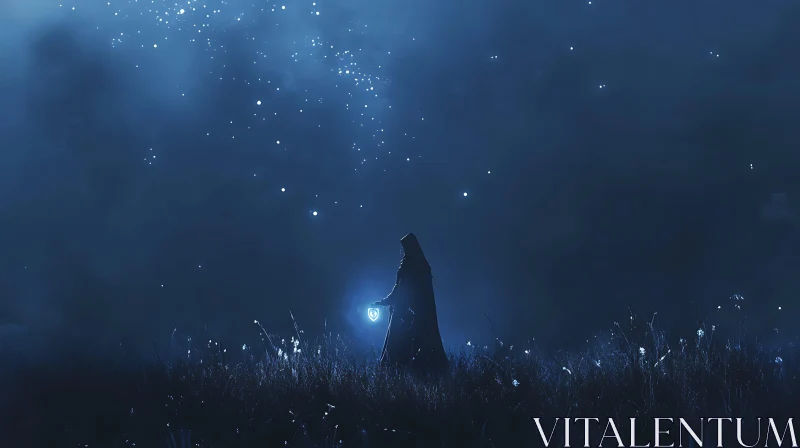 Cloaked Figure Under Starry Skies AI Image