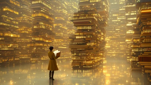 Reader immersed in book stacks