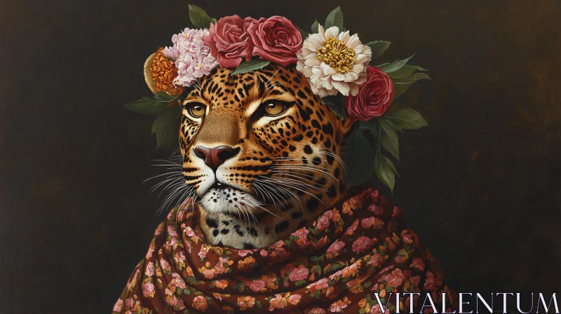 Elegant Leopard with Flowers and Shawl AI Image