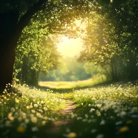 Serene Forest Path with Blooming Wildflowers