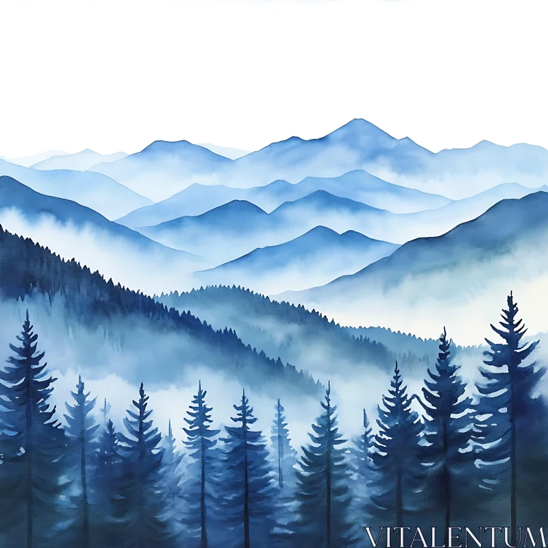 Misty Blue Mountain Range Art Print AI Image