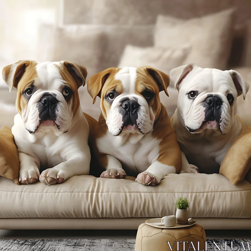 Charming Bulldog Trio on a Couch AI Image