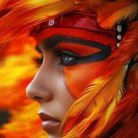 Woman with Feather Headdress and Bold Makeup