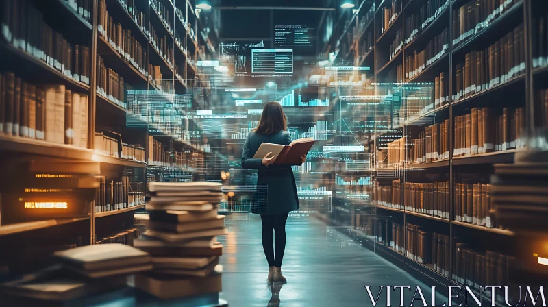 Woman Reading in Digital Library AI Image