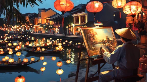 Lanterns River Night Painting