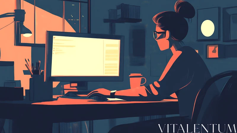 Nighttime Office Scene with Woman and Computer AI Image