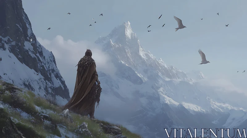 Lone Warrior Overlooking Snowy Peaks AI Image