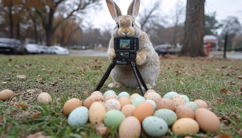 Rabbit Holding Camera Among Easter Eggs