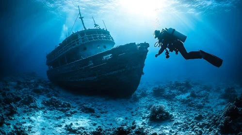 Diver and Shipwreck in Ocean Depths