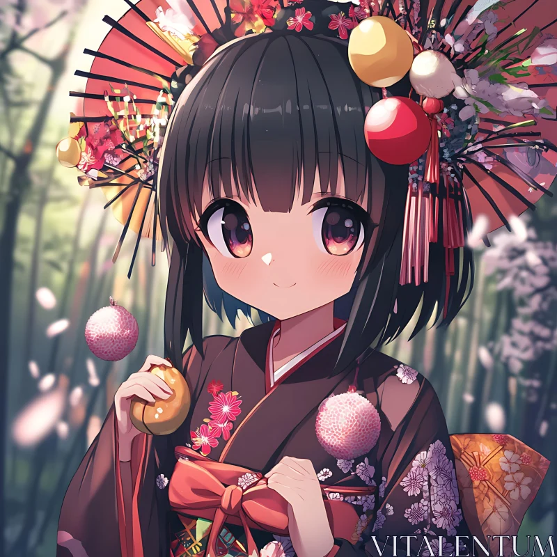 Traditional Kimono-Clad Anime Girl in Serene Forest AI Image