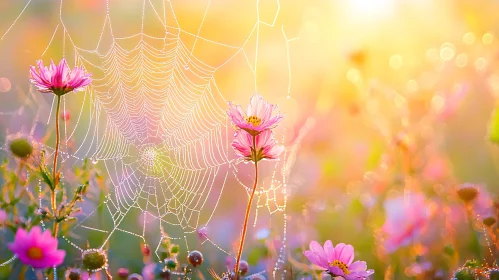 Glistening Spiderweb in a Sunlit Meadow